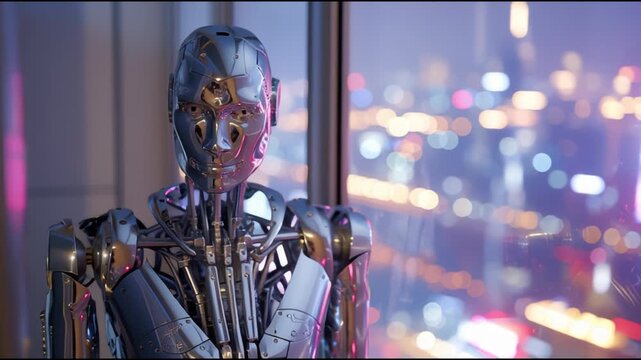 Futuristic robot contemplating city lights from a high rise window. - Powered by Adobe