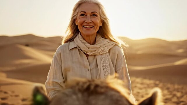 A happy senior woman smiling while riding a camel in the desert. Mature traveler enjoying an adventure at sunset. Active retirement lifestyle