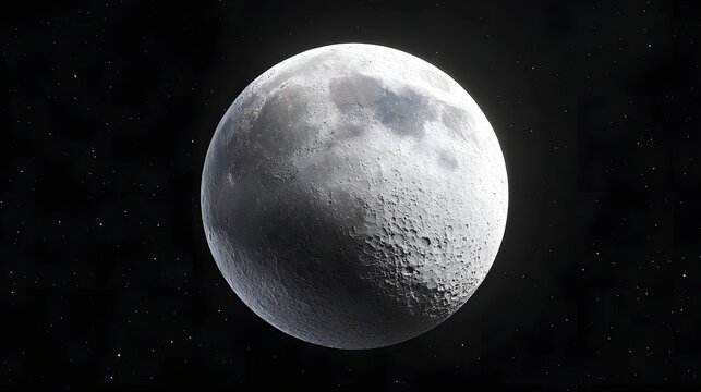 This image captures the textured cratered surface of the Moon glowing with celestial light against a deep black background filled with countless twinkling stars representing space