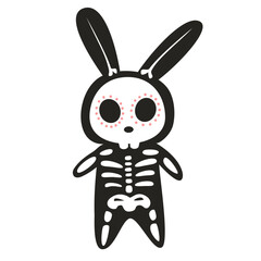 Cute bunny character in skeleton costume with sugar skull makeup. Day of the dead bunny for Halloween, Dia de los Muertos.