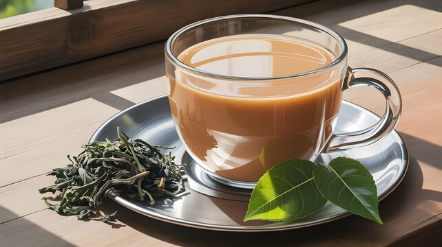 Glass mug of creamy tea with dried tea leaves and fresh leaves - Powered by Adobe