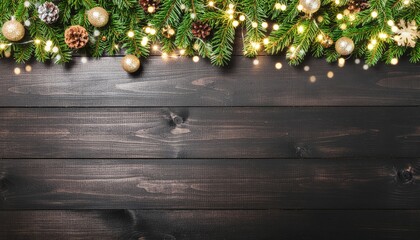 Festive holiday decor christmas celebration image of evergreen garland rustic wooden background close-up view warm ambiance for seasonal inspiration
