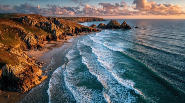 Beautiful coastline of Cornwall at sunset with waves and rock formations at Bedruthan Steps, England