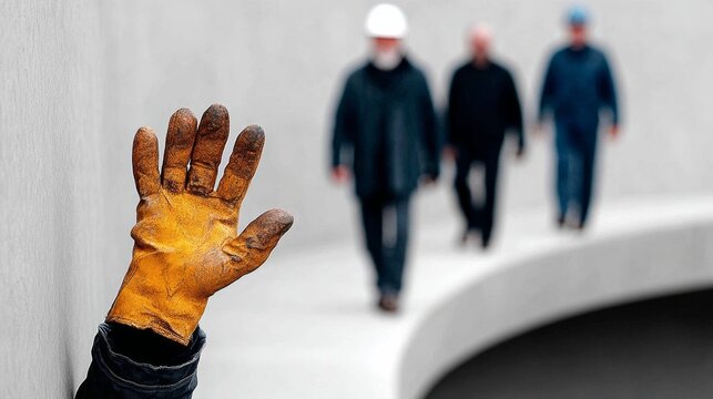 A dirty hand is raised in the air, with a group of people walking behind it. Concept of urgency or frustration, as if the person with the hand is trying to get the attention of the others