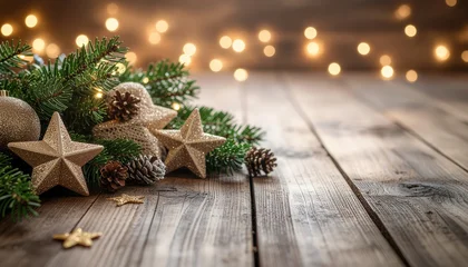 Stickers Meisjeskamer Festive holiday celebration with pine cones and stars cozy indoor setting decorative elements warm lighting christmas spirit nature inspired decor  © MODERNARTWatChaRaWit