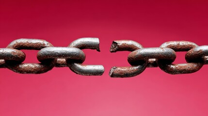Fototapeta premium A chain is broken in half, with one half hanging off the other. The chain is rusty and worn, and the broken link is visible. Concept of loss and separation, as the chain is no longer whole