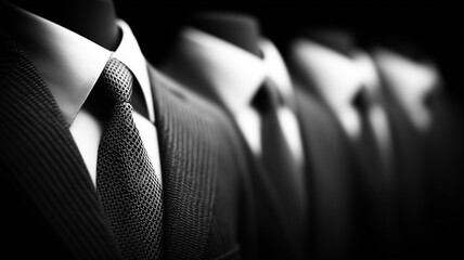 Elegant business suits arranged in sequence conveying corporate professionalism, executive leadership and the uniform image of high level management.
