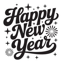 Happy New Year lettering with stars and fireworks retro style vector illustration for holiday greeting cards and festive designs isolated on white background