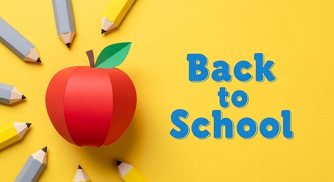 Back to School Apple Surrounded by Pencils on Yellow Background red apple
