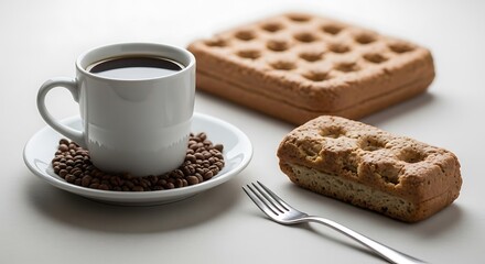 Coffee Cup and Biscuits on a White Surface with Fork saucer coffee beans
