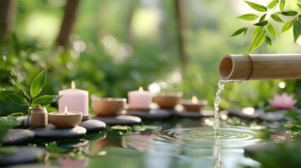 A serene outdoor zen spa experience featuring water flowing from a bamboo spout illuminated by gentle candlelight placed on smooth stones amidst lush greenery and a delicate lotus flower