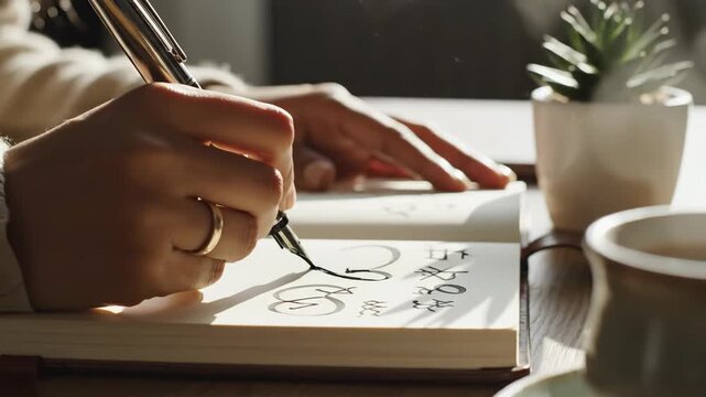 Close-up of a hand writing with a fountain pen in a sunlit notebook. Artist practicing calligraphy and drawing symbols. Creative hobby and personal journaling concept