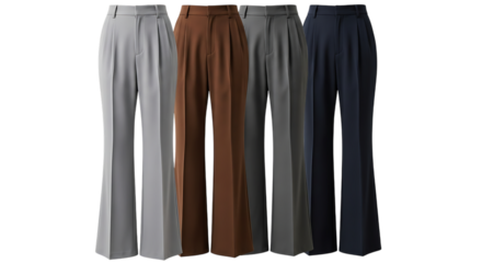 Four pairs of pleated wide-leg trousers in different colors isolated on a transparent background pants