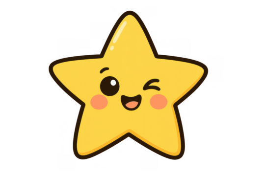 Yellow star character winking and smiling, creating a happy and playful emoticon symbol with transparent background - Powered by Adobe