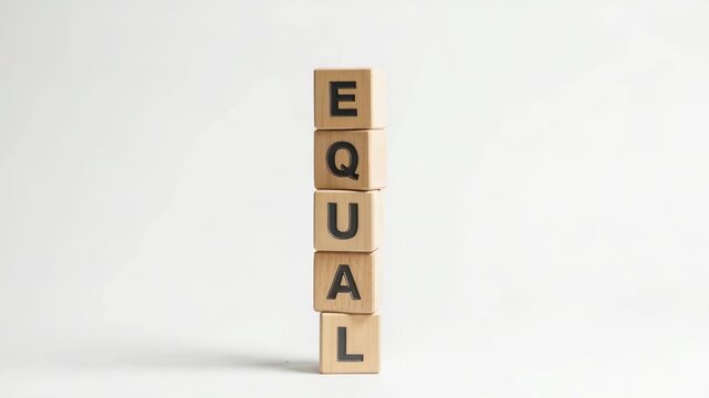 Wooden blocks spelling the word equal in a vertical stack. The concept of equality, social justice, and rights. A fragile balance on a white background