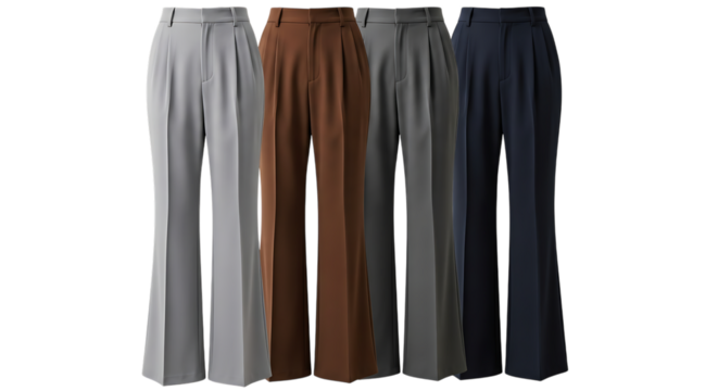 Four pairs of pleated wide-leg trousers in different colors isolated on a transparent background pants