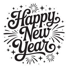 Happy New Year lettering with fireworks and stars festive vector illustration for holiday greetings and celebration designs isolated on white background