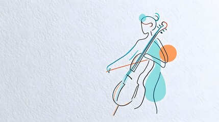 A modern minimalist line drawing depicts a female musician gracefully playing a cello accented by abstract teal and orange shapes on a textured paper background