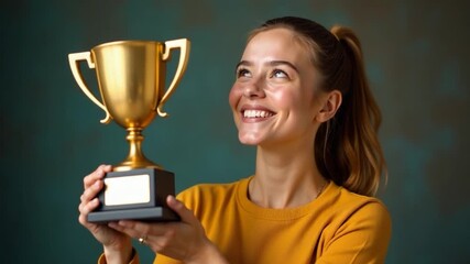 A woman holds a trophy up to conceal her face, conveying modesty or humility