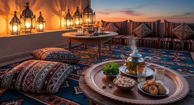 Moroccan Terrace At Sunset With Lanterns And Tea Set