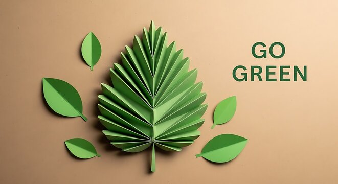 Origami green leaf and text GOGREN on a neutral background paper go green