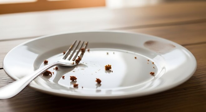 Close-up of an empty white plate with crumbs and a fork on a wooden table.