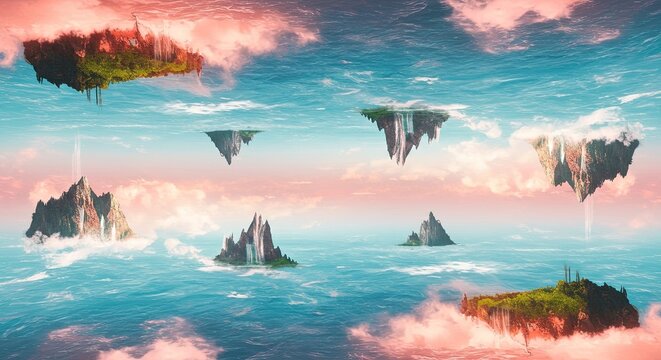 Fantasy landscape with floating islands and waterfalls in a surreal sky