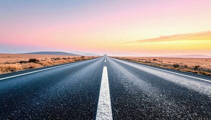 Naklejka premium An empty, straight asphalt road disappears into the distance under a colorful sunset sky, bordered by dry, golden grass.