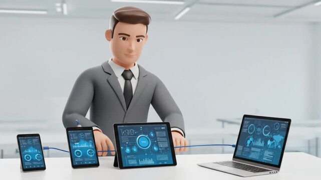 A businessman in a suit connects devices displaying complex data and graphs, suggesting data analysis and technology integration - Powered by Adobe
