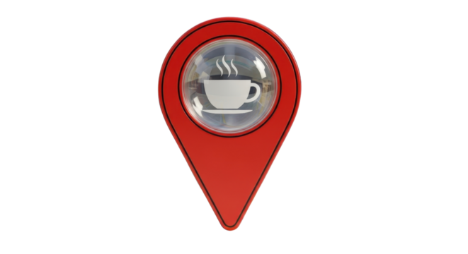 Coffee cup icon on red location marker isolated PNG with Transparent Background - Powered by Adobe