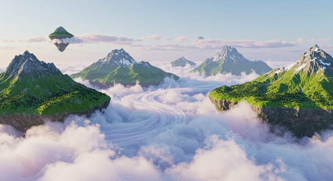 Fantasy landscape with floating islands mountains clouds and sky scene