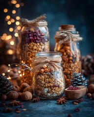 Rustic Christmas granola in glass jars with twine &mdash; holiday food styling with nuts and dried fruits