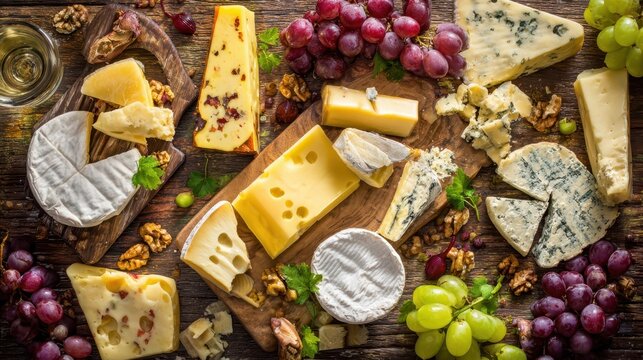 Assorted cheeses, grapes, and walnuts on a wooden table.