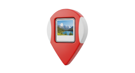 Red map pointer with photo of mountain landscape isolated PNG with Transparent Background