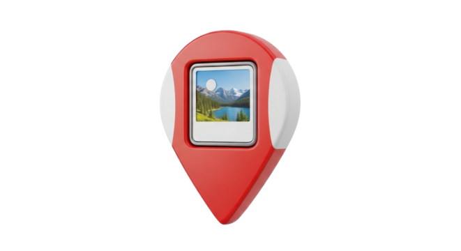 Red map pointer with photo of mountain landscape isolated PNG with Transparent Background