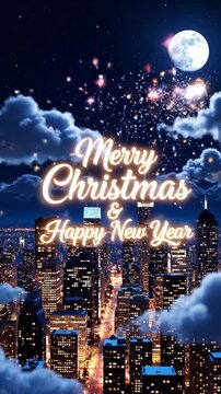 Santa Sleigh Flying Over City Christmas Night Skyline Animation Vertical