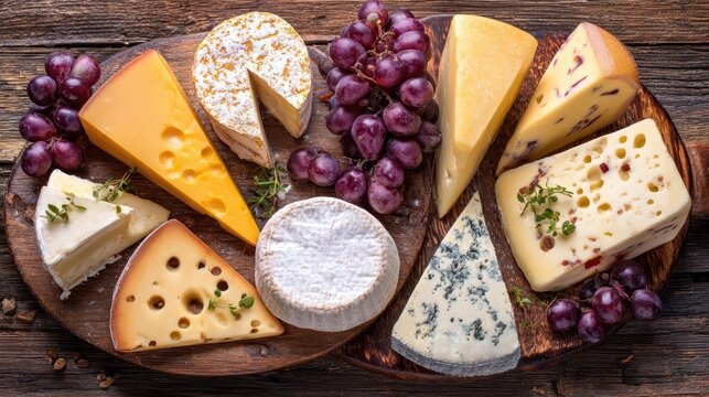 Assorted cheeses and grapes on a wooden board.