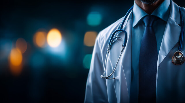 Professional doctor wearing white coat and stethoscope in hospital corridor, conveying trust, medical expertise and the vital role of primary healthcare providers in prevention, diagnosis