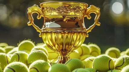A golden trophy surrounded by green tennis balls, perfect for sports or recognition themes
