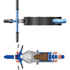 Top Down View of a Blue Motorcycle with Brown Seat and Orange Accents on a Transparent Background