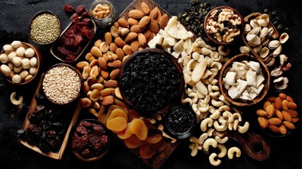 Assorted dried fruits and nuts in wooden bowls on a dark surface.