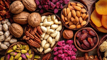 Assorted nuts, seeds, and dried fruits in small bowls.