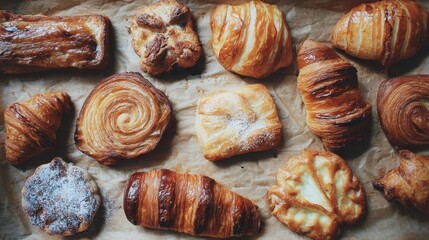 Assorted pastries arranged on baking paper.