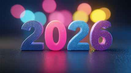 New year 2026 celebration concept with sparkling numbers standing on a reflective surface, expressing party atmosphere, fresh beginnings and optimistic plans for the coming year.

