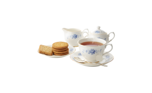 A cup of tea with milk alongside one and a half crunchy oat and wholemeal biscuits, all set against a white background. This is a top view of white porcelain.