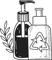 Hand drawn illustration of two bottles, one with a pump dispenser and recycling symbol vector