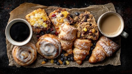 Assorted pastries and coffee on parchment paper.