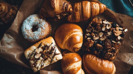 Assorted pastries and baked goods displayed on parchment paper.