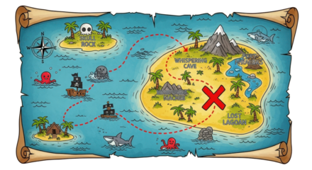 Cartoon treasure map with pirate island route isolated PNG with Transparent Background