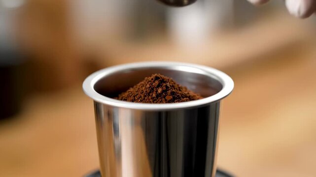 Vertical video of a barista pouring ground coffee into a reusable metal pod. Close-up on the preparation for brewing espresso. Morning beverage concept - Powered by Adobe